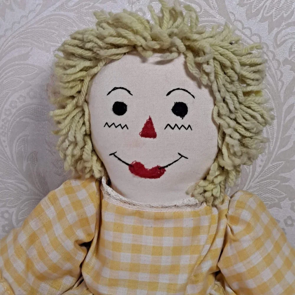 Vintage Blonde Raggedy Ann Doll Yellow Dress All Fabric Doll
